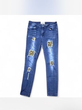 L&B Lucky & Blessed Leopard Patch Distressed Jeans Y2K WesternBoho Stretch Denim
